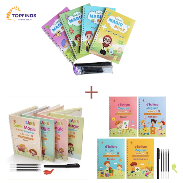 ✨ Pack Éducatif : 12 Livres en Arabe, Français et Anglais + 30 Stylos Magiques pour Écriture, Lecture et Dessin !